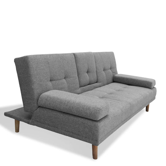 Affordable Casa Decor Mendoza 2-in-1 grey sofa bed with pull-down cupholder, perfect for modern living spaces.