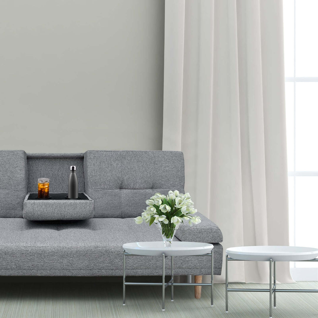 Grey Casa Decor Mendoza 2-in-1 Sofa Bed featuring pull down cupholder, modern design, perfect for affordable luxury.