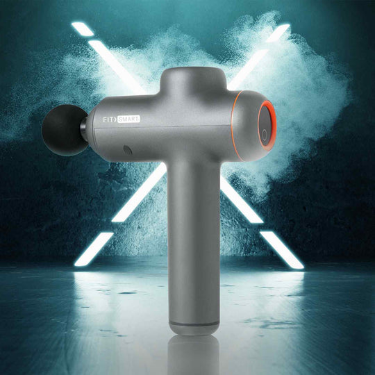 FitSmart LED Touch Screen Power-X massage gun in grey, designed for pain relief and muscle recovery, high-performance and affordable.