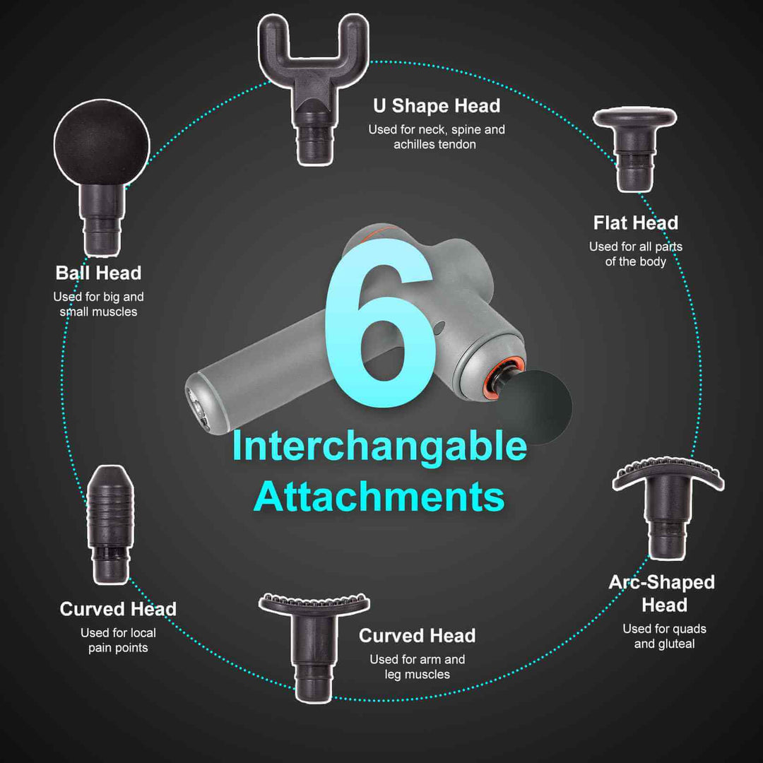 FitSmart Massage Gun with 6 interchangeable attachments for targeted muscle relief and recovery, including various shapes for different uses.