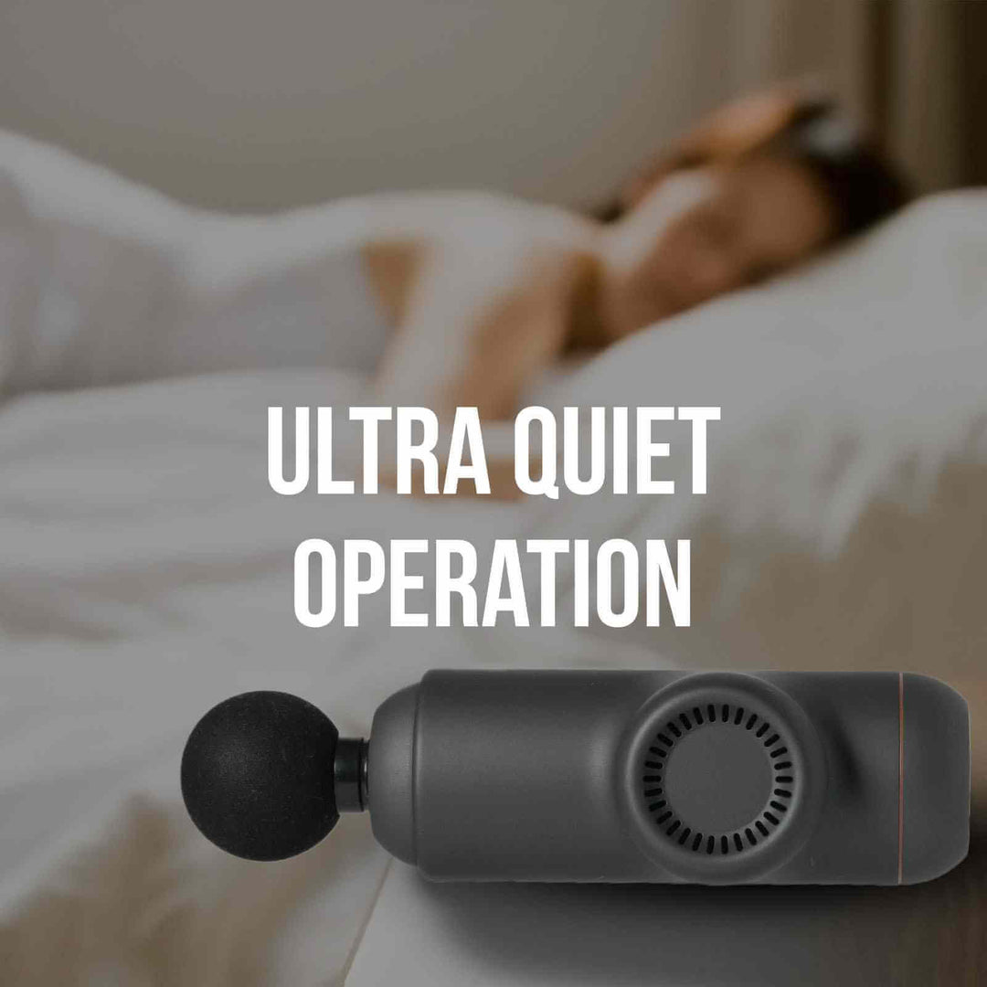 FitSmart Power-X Massage Gun showcasing ultra quiet operation for effective pain relief and relaxation.