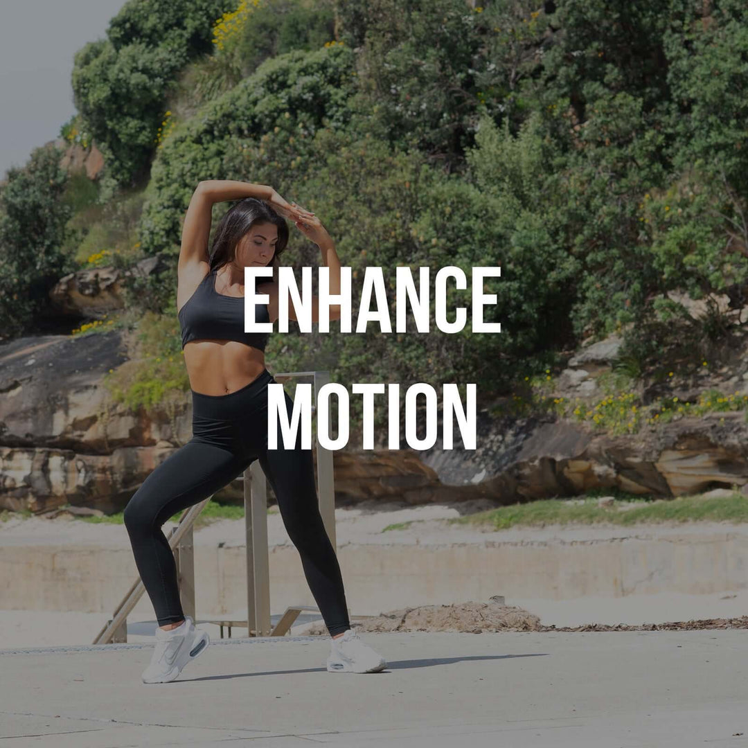 Woman demonstrating dynamic movement outdoors to promote fitness and enhance motion in stylish activewear.