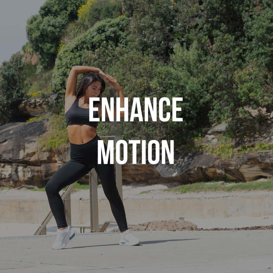 Woman demonstrating dynamic movement outdoors to promote fitness and enhance motion in stylish activewear.