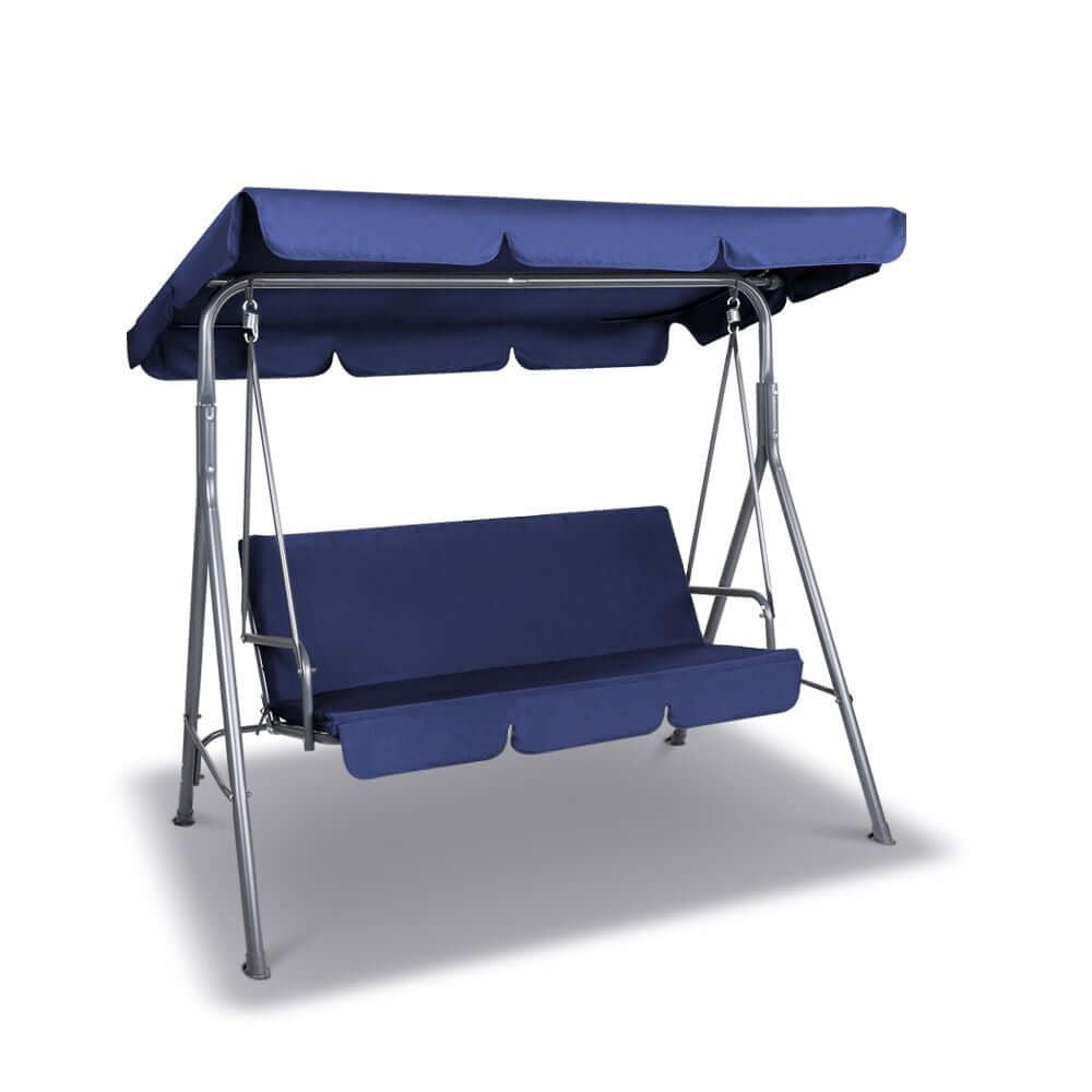 Milano outdoor swing bench seat chair with canopy in dark blue, perfect for garden relaxation, durable and affordable luxury.