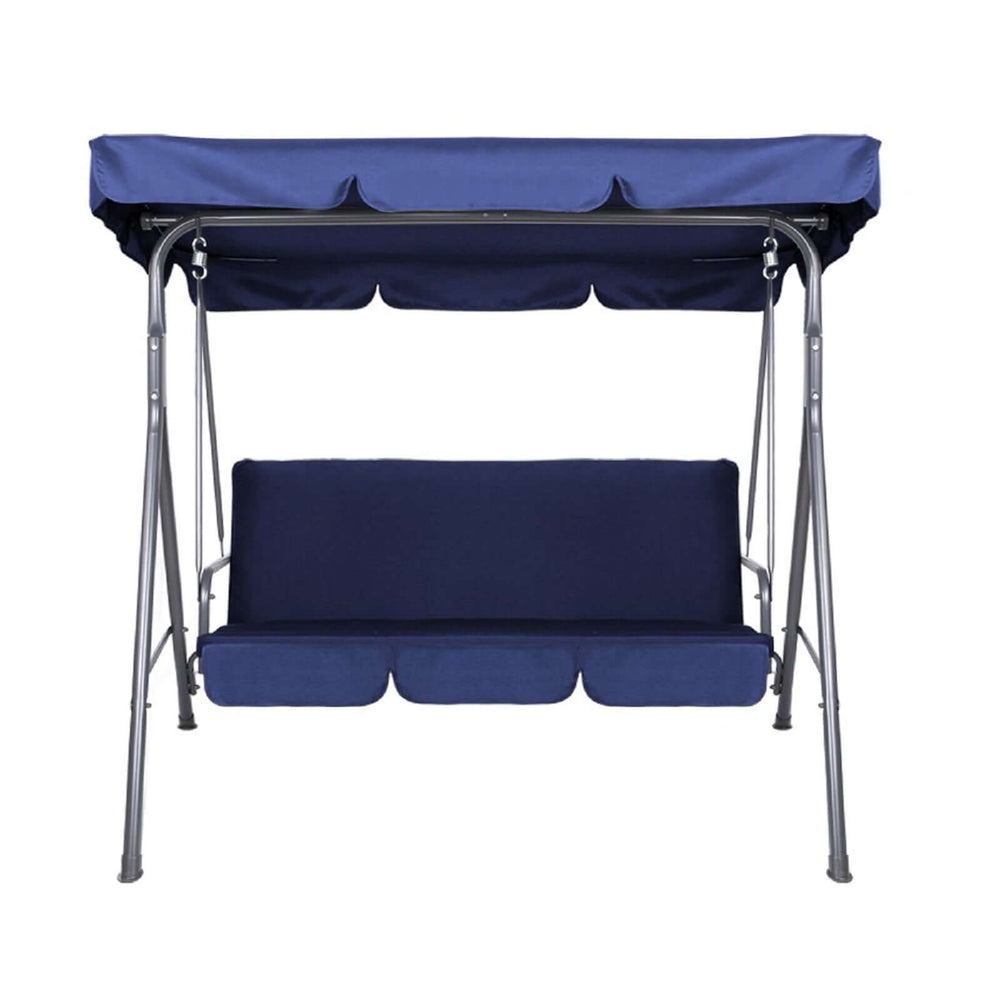 Milano dark blue outdoor swing bench seat chair with canopy, perfect for relaxing in the garden, affordable steel construction.