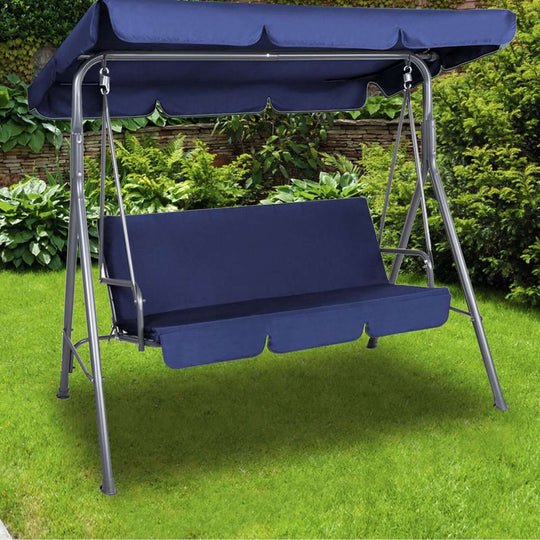 Milano dark blue outdoor swing bench on green lawn, perfect for garden relaxation and comfort.