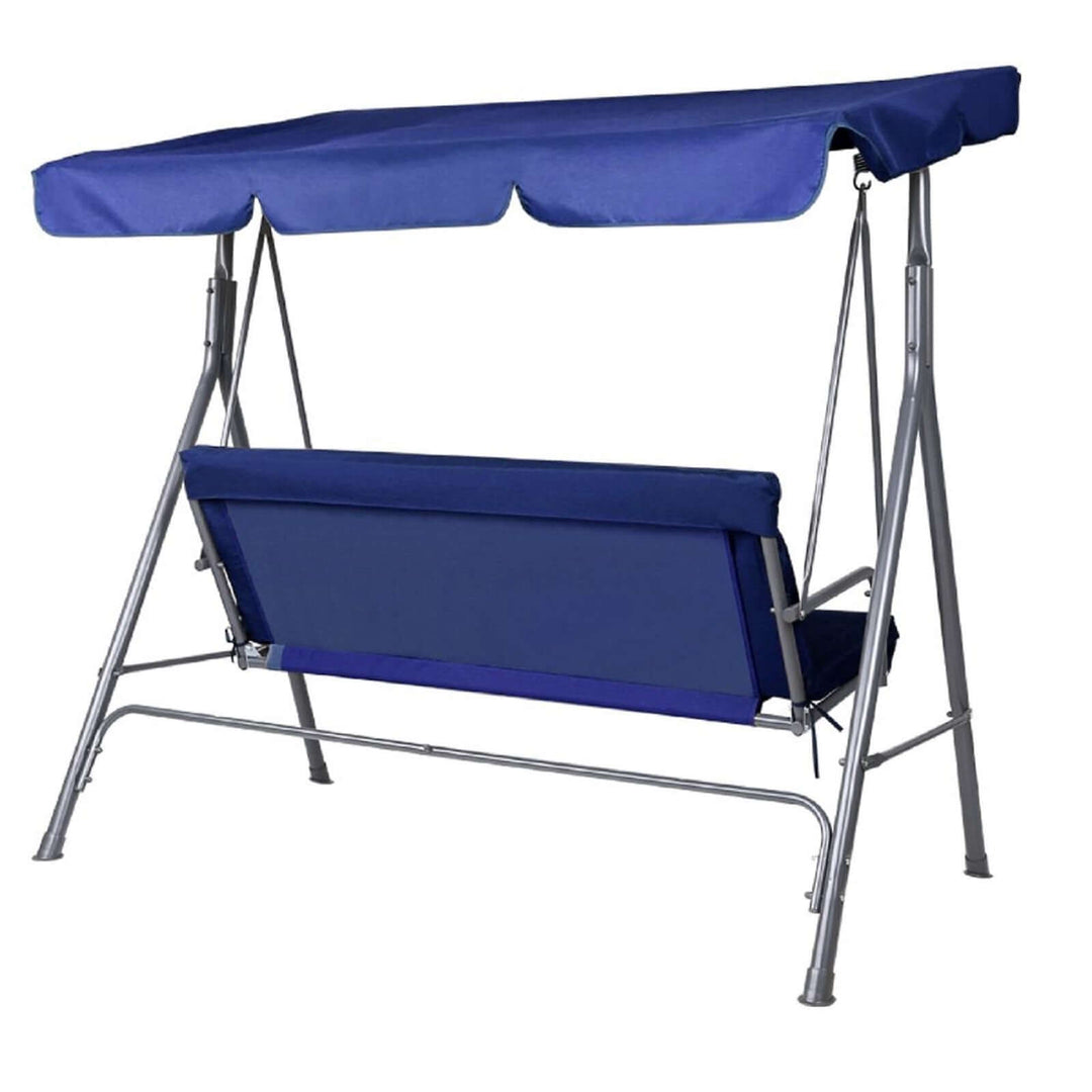 Milano outdoor swing bench seat chair with dark blue canopy, perfect for garden relaxation. Affordable, quality 3-seater hammock.