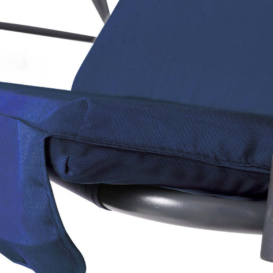 Close-up of the dark blue cushioned seat of the Milano outdoor swing bench, highlighting quality fabric and comfort features.