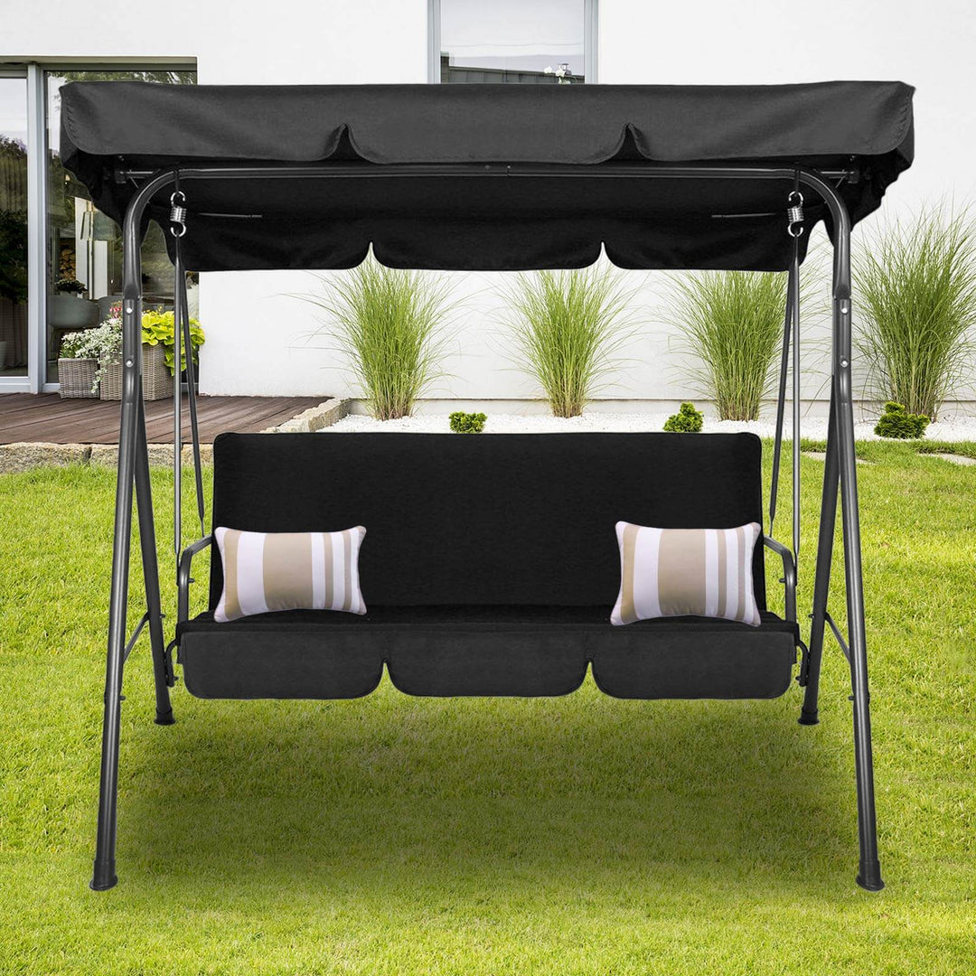 Milano outdoor swing bench seat chair with canopy, 3-seater garden hammock in black, perfect for relaxation and comfort.