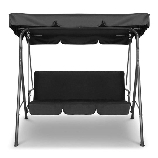 Milano Outdoor Swing Bench Chair with Black Canopy and Cushion for Three, Affordable Garden Hammock Furniture.