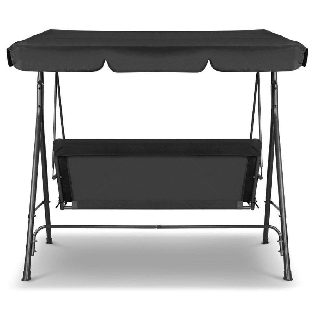 Black Milano Outdoor Swing Bench with Canopy for 3, featuring durable steel frame and waterproof upholstery. Affordable garden furniture.