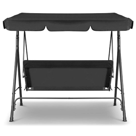 Black Milano Outdoor Swing Bench with Canopy for 3, featuring durable steel frame and waterproof upholstery. Affordable garden furniture.