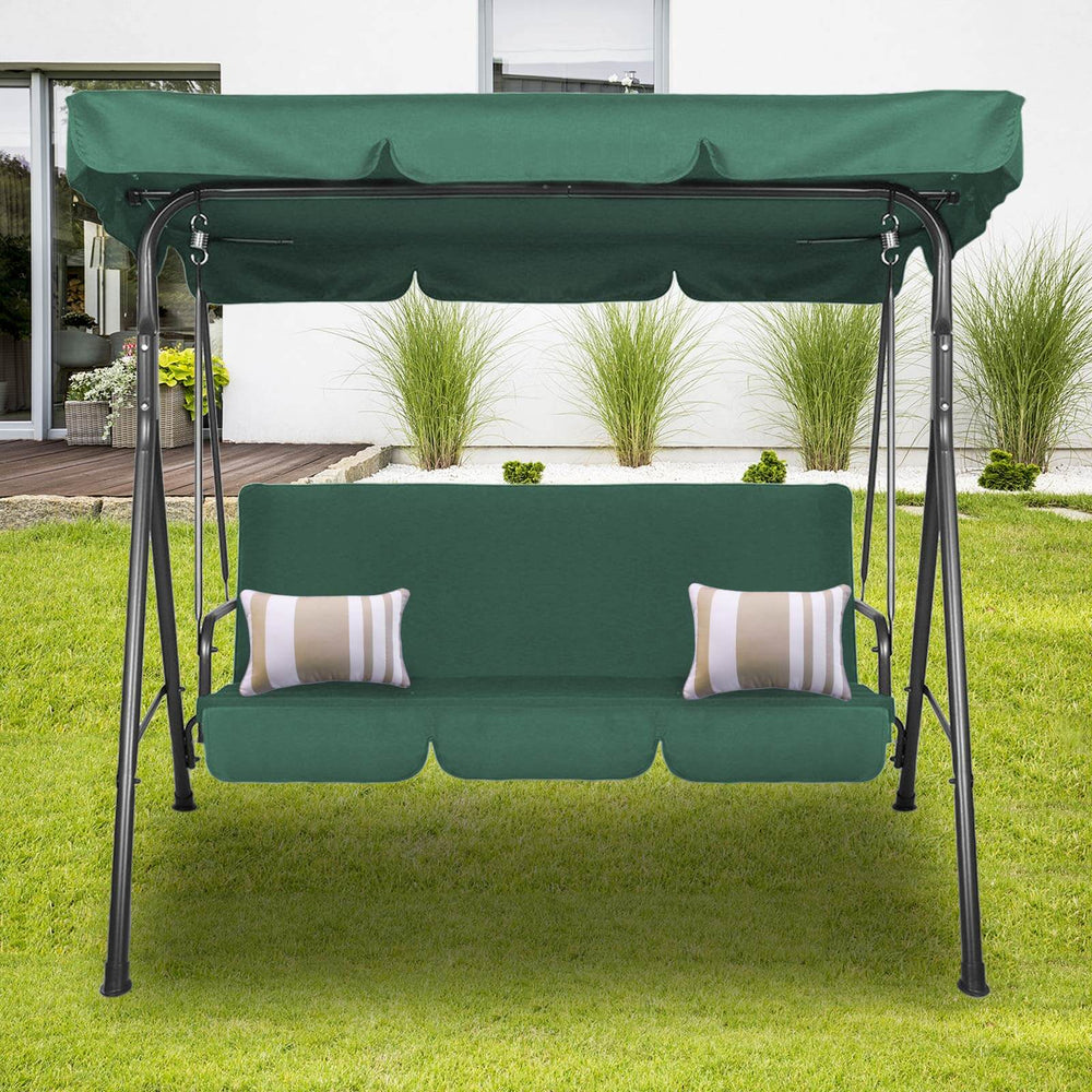 Affordable Milano outdoor swing bench with dark green canopy, seating three comfortably for a luxurious garden experience.