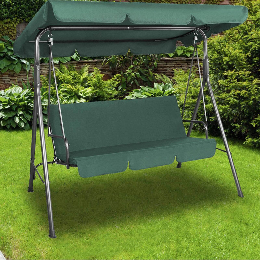 Milano outdoor swing bench seat with canopy, dark green, 3-seater, perfect for garden relaxation and comfort.