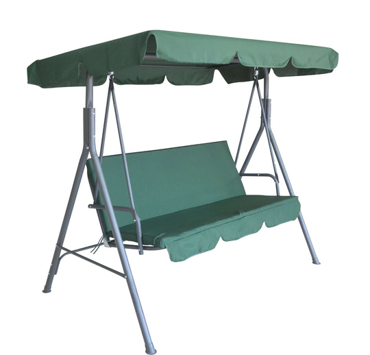 Milano Outdoor Swing Bench in dark green with canopy, perfect for three-person seating in garden or patio areas. Affordable luxury!