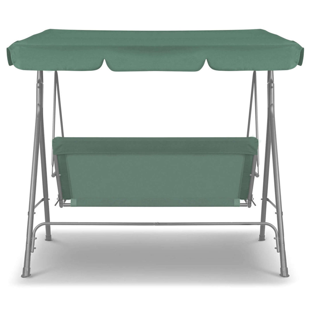 Milano outdoor swing bench chair with dark green canopy, seating three, perfect for backyard relaxation and comfort.