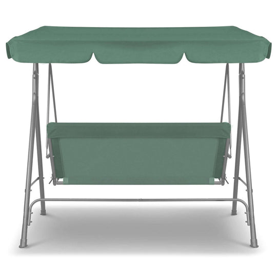 Milano outdoor swing bench chair with dark green canopy, seating three, perfect for backyard relaxation and comfort.