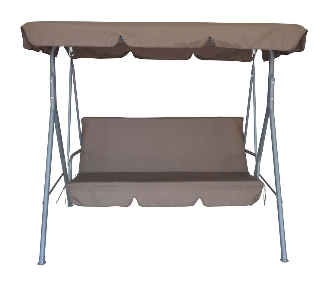 Milano outdoor swing bench seat with canopy, 3 seater, waterproof fabric, and durable steel frame, perfect for garden relaxation.