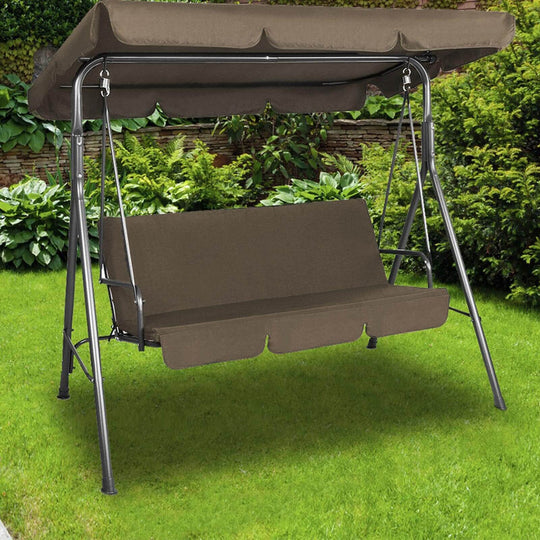 Milano Outdoor Swing Bench Chair with Canopy in Coffee Color, Perfect for Garden Relaxation and Comfort for 3 People.