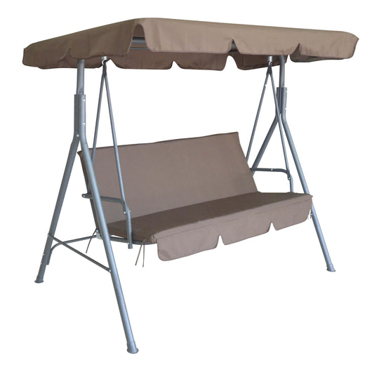 Milano 3 seater outdoor swing bench chair with canopy in coffee color, ideal for garden relaxation.