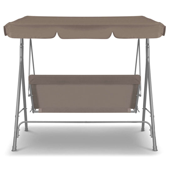 Milano 3-seater outdoor swing bench with canopy in coffee color for stylish garden relaxation.