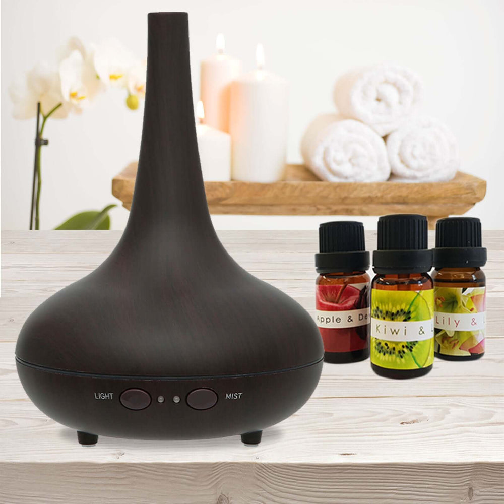 Essential oil diffuser and oils 200ML dark wood grain design; affordable and quality aromatherapy for home.