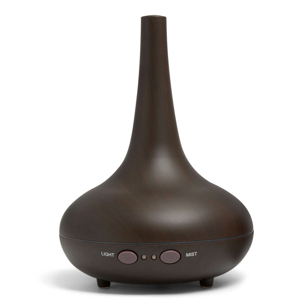 Essential oil diffuser humidifier with dark wood grain design, LED light, and ultrasonic mist feature for affordable aromatherapy.