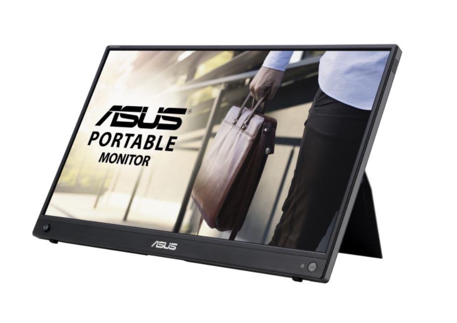 ASUS MB16AWP portable monitor displayed, highlighting its sleek design and portability.