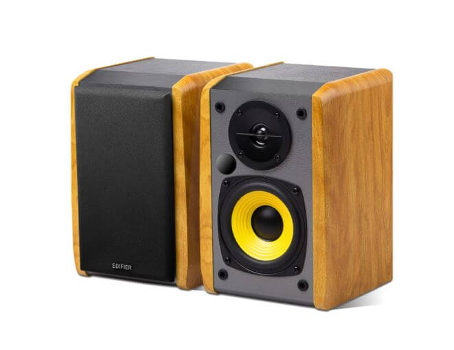 Edifier R1010BT Bluetooth bookshelf speakers in black and brown, delivering affordable luxury sound quality.