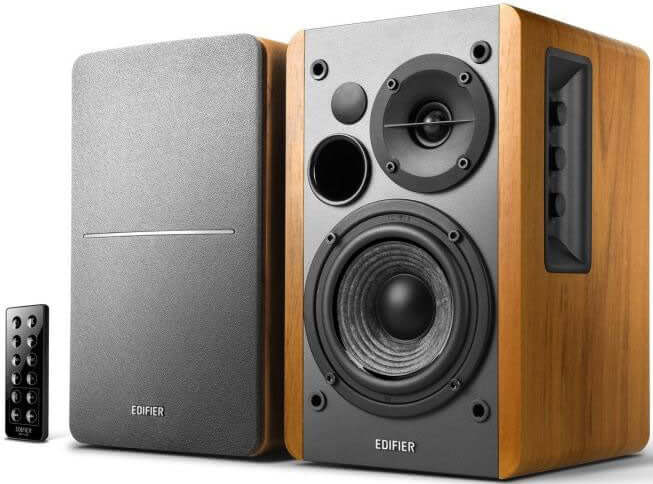 Edifier R1280DB brown bookshelf speakers with remote, featuring Bluetooth, AUX, optical, and coaxial connections. Affordable quality audio.