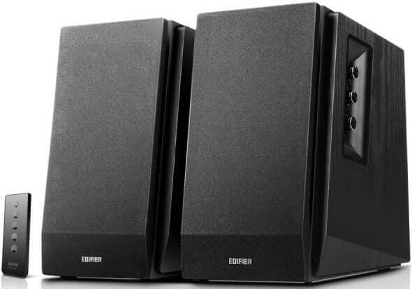 EDIFIER R1700BT Bluetooth bookshelf speakers in black with remote control, offering affordable quality audio performance.