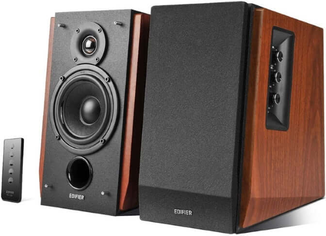 Edifier R1700BT Bluetooth bookshelf speakers in brown finish with wireless remote, offering affordable quality sound for DIY audio setups.