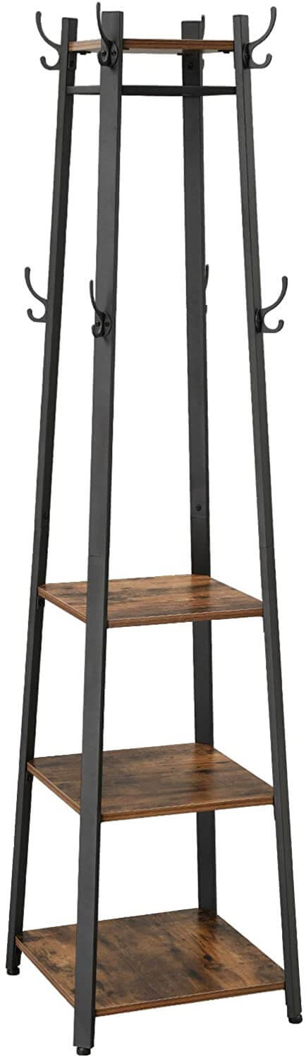 Rustic brown and black coat rack with 3 shelves and hooks, ideal for affordable DIY storage solutions.