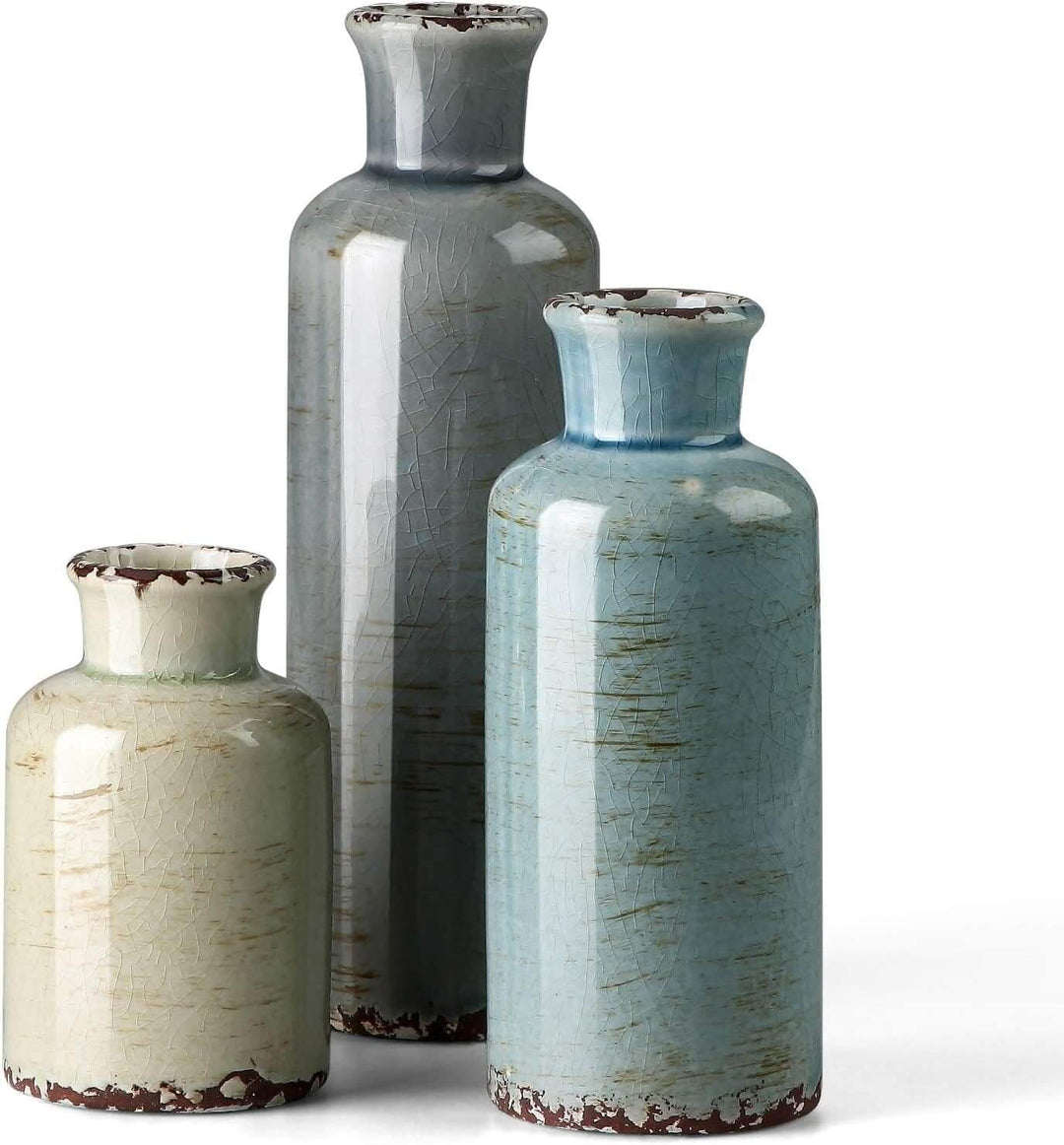 Set of 3 ceramic vases with crackled finishes in blue and green for affordable farmhouse home decor.