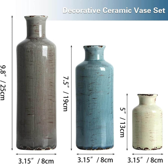 Set of 3 decorative ceramic vases in blue, green, and gray with crackled finish for affordable farmhouse decor.