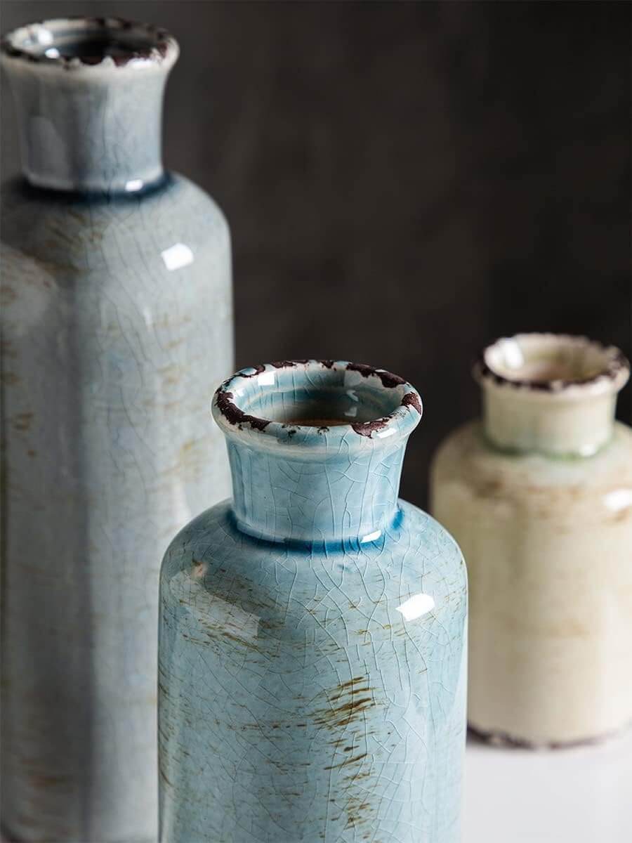 Set of 3 crackled finish ceramic vases in blue for affordable farmhouse decor, perfect for DIY styling.