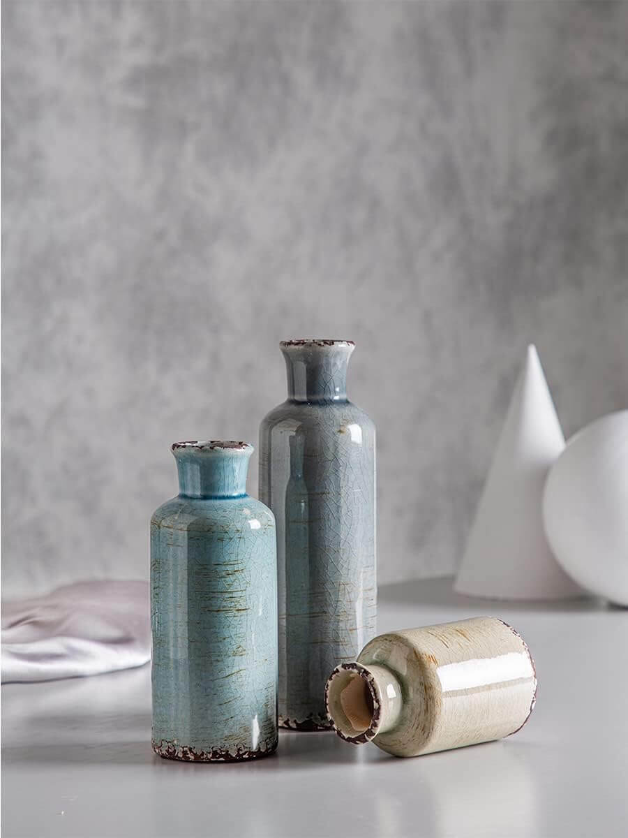 Set of 3 blue ceramic vases with crackled finish, perfect for affordable farmhouse decor and DIY projects.