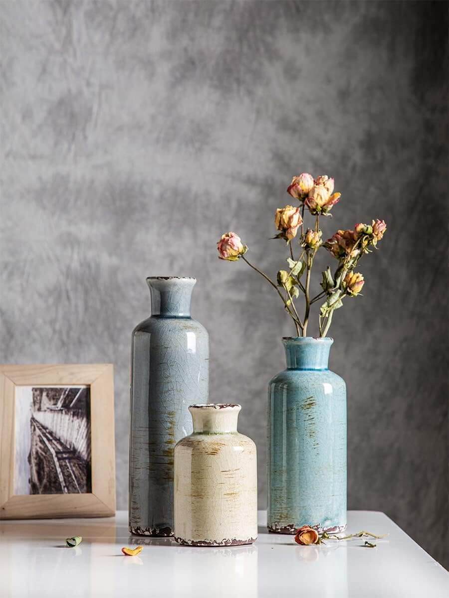 Ceramic vase set of 3 in crackled blue finish with dried flowers, perfect for affordable farmhouse home decor.