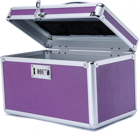 Locking combination medicine box in purple, medium size, portable storage case for secure and affordable medication storage.