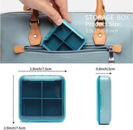 Portable storage box with four compartments, measuring 2.9x2.9x0.8 inches, ideal for organizing small items.