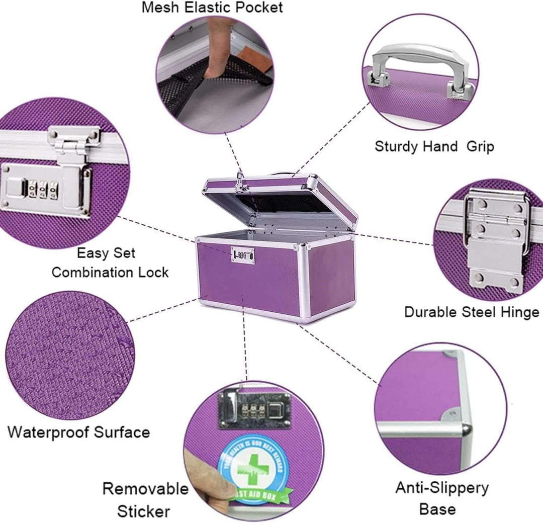 Locking combination medicine box features; waterproof surface, sturdy handle, anti-slip base, and mesh pocket.