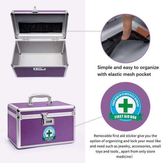 Locking combination medicine box in purple, featuring elastic mesh pocket for easy organization and security.