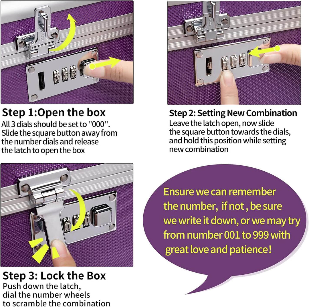 Instructions for locking combination medicine box showing steps to open, set combination, and lock securely.