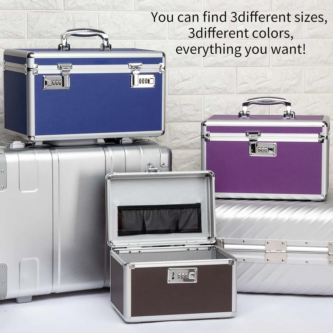 Locking combination medicine boxes in purple, blue, and coffee colors, showcasing various sizes for secure storage.