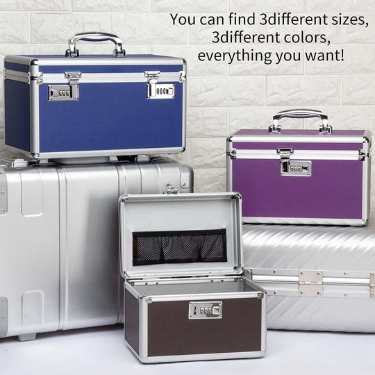 Locking combination medicine boxes in purple, blue, and coffee colors, showcasing various sizes for secure storage.