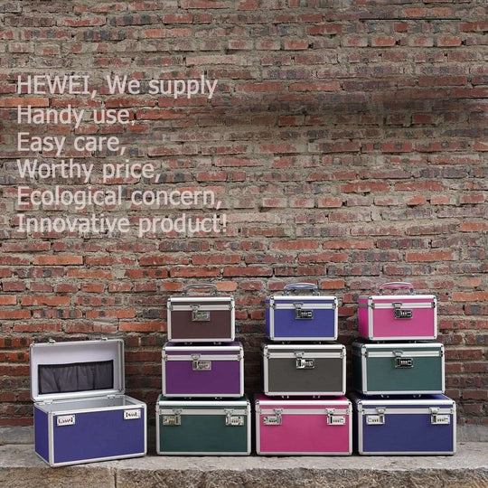 Colorful locking combination medicine boxes in various sizes against a brick wall, promoting quality and affordable storage solutions.