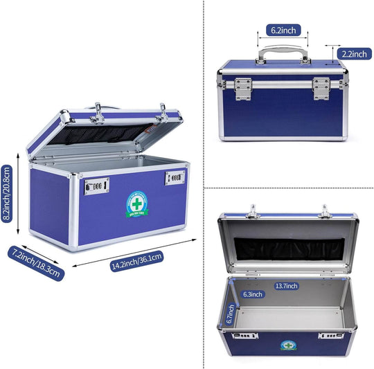 Blue locking combination medicine box, secure storage solution, dimensions: L-14.2" x W-6.2" x H-7.2", perfect for childproof medicine.