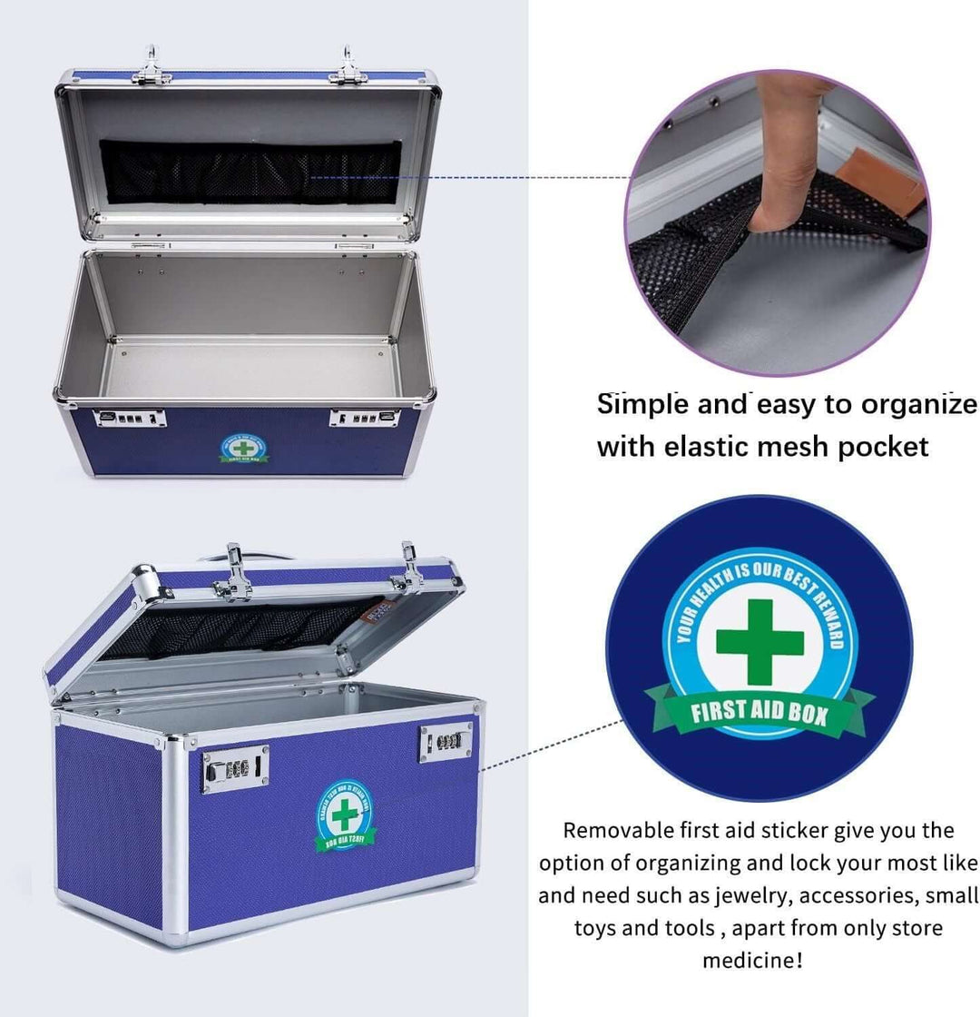 Locking combination medicine box in blue with elastic mesh pocket, easy organization, first aid sticker, perfect for medications and supplies.