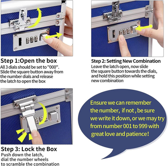 Instructions for using a blue locking combination medicine box, showcasing three steps: opening, setting a new combination, and locking.