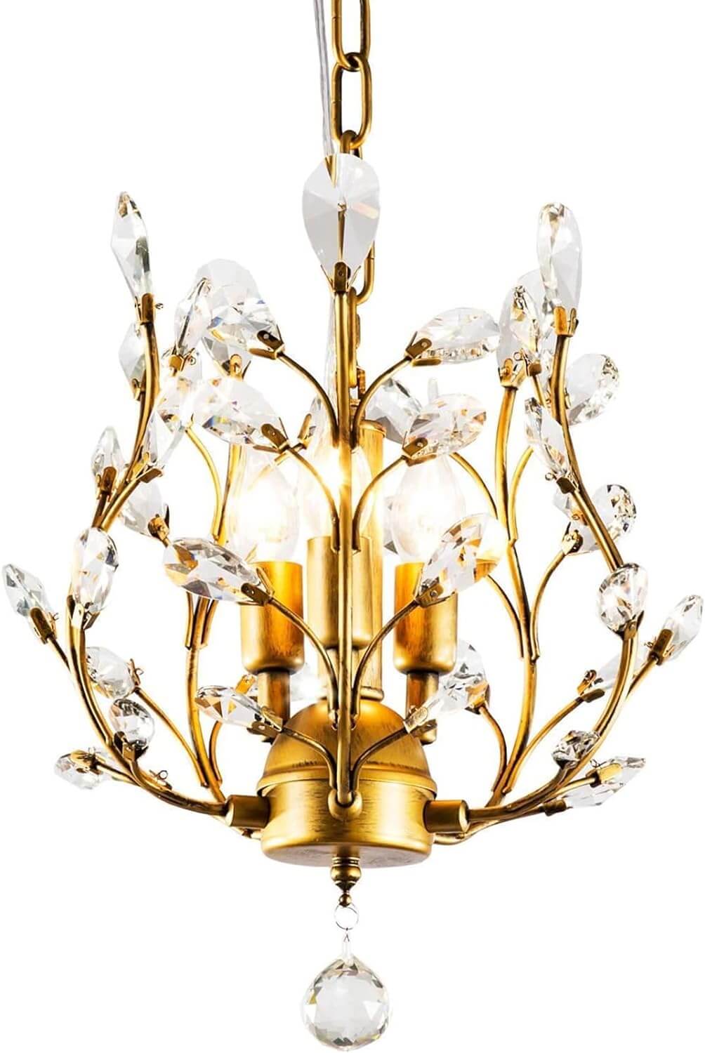 Vintage crystal chandelier with 3 lights in gold, featuring elegant branches and K9 crystals, perfect for affordable luxury.